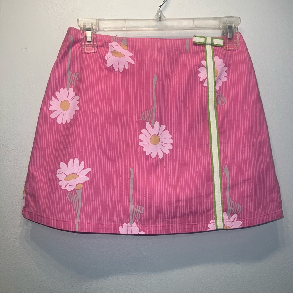 Lilly Pulitzer Skort Skirt Sz 2 Pink Printed Daisy w Ribbon Trim Accent
